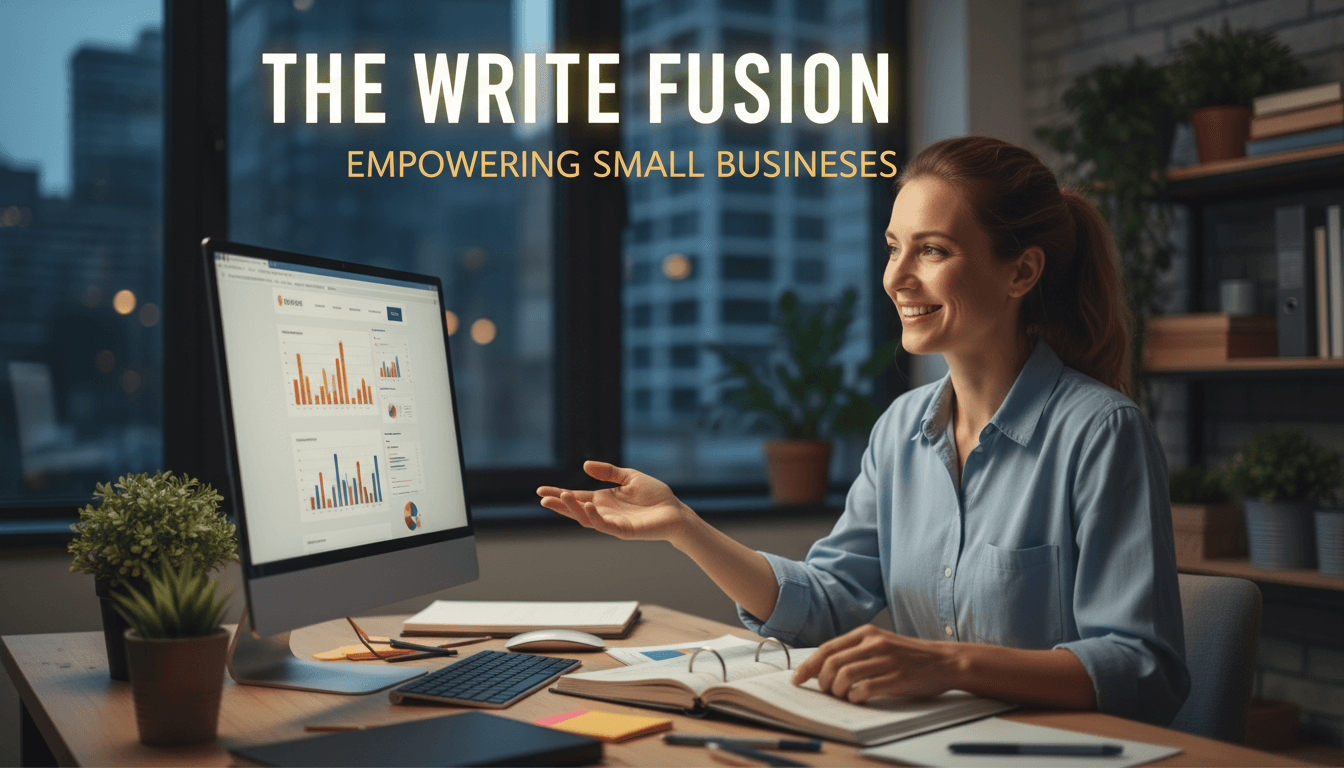 A professional photo of a person working at a desk with a friendly and approachable smile, symbolizing The Write Fusion's commitment to helping small businesses.