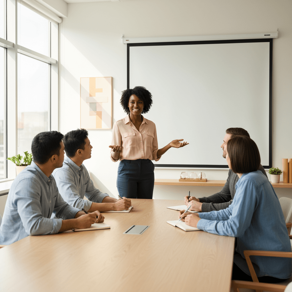 Small business owner presenting strategy to engaged team members