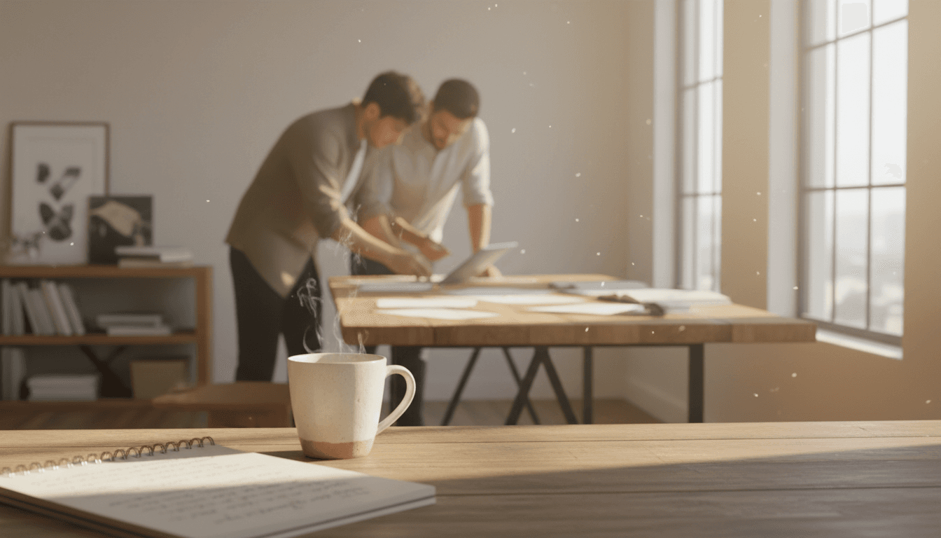 A warm workspace with natural light, notebook, and coffee mug suggesting collaborative business strategy work