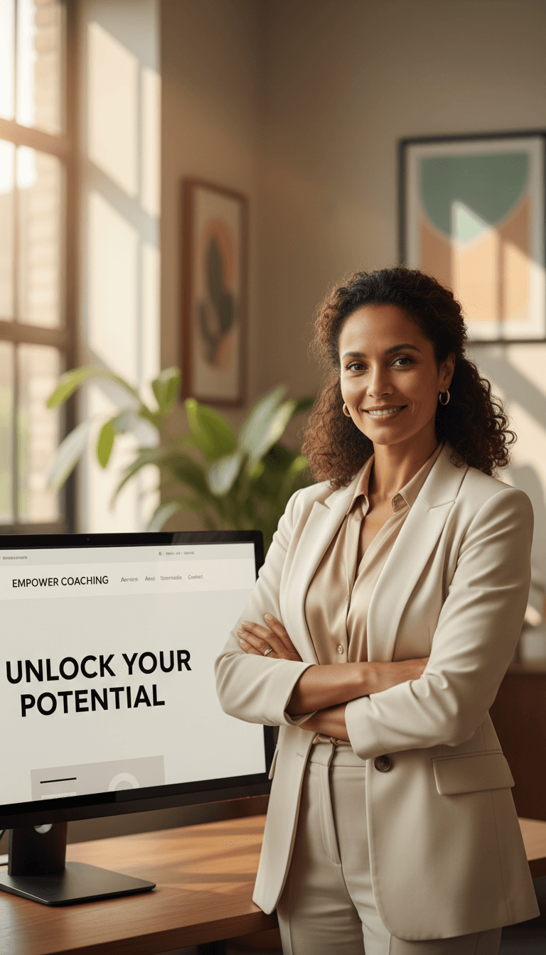 Professional female wellness coach confidently standing before desktop computer displaying modern website template